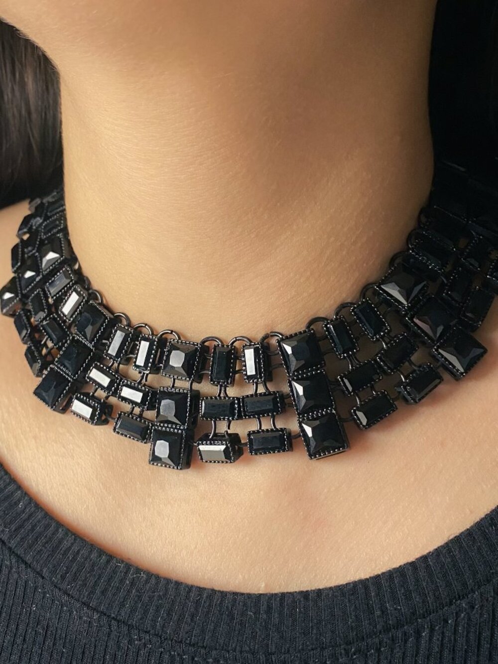 Natasha Black Glass Rhinestone Jewel Geometric Choker Collar Statement Necklace